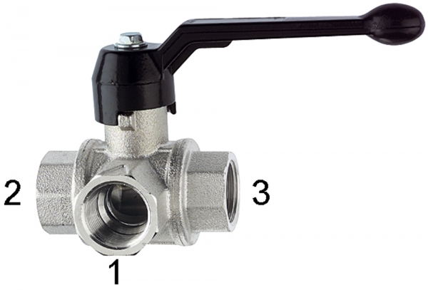 3-Wege-Kugelhahn, Standard, L-Bohr., Messing vern., Rp 3/8, DN 10